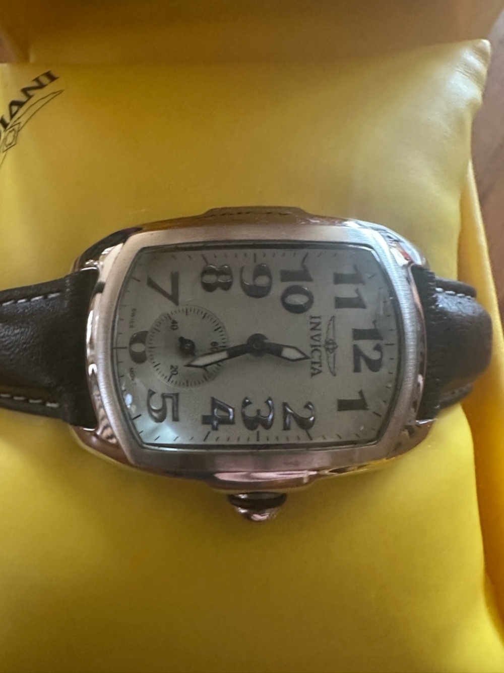 Invicta Silver Dial Black Leather Strap Tonneau Watch